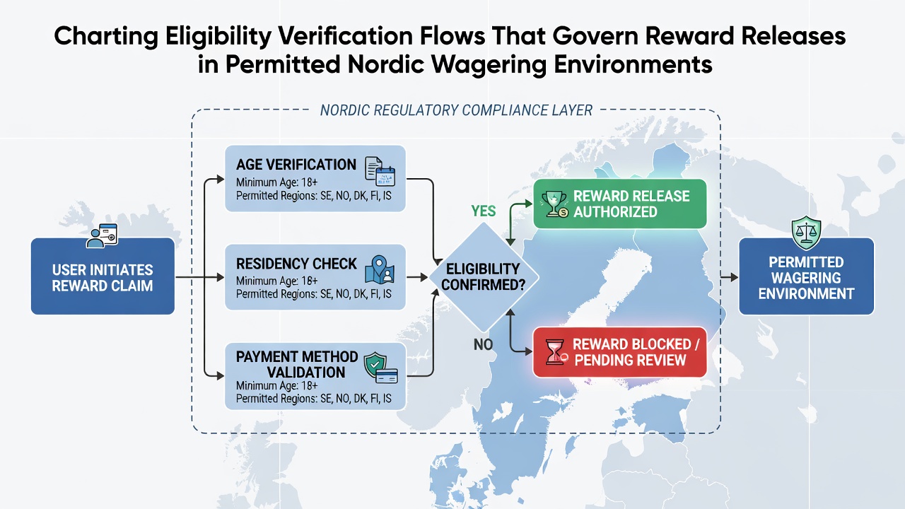 Diagram showing integration points between verification flows and reward release mechanisms in licensed Nordic environments