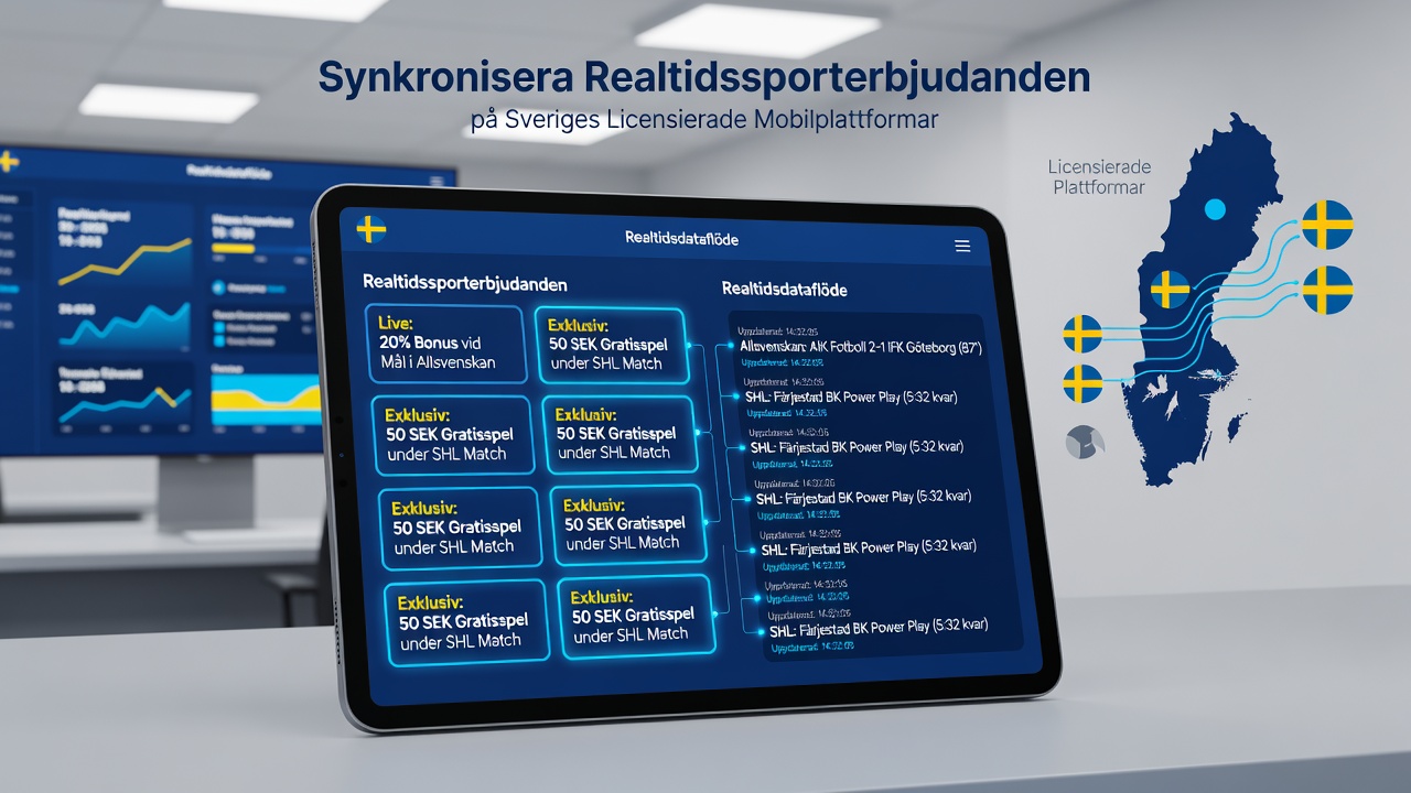 Mobile interface displaying synchronized live sports data alongside active promotional offers on a licensed Swedish platform